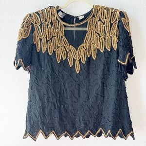Vintage Laurence Kazar Silk Sequin Beaded Black Gold Blouse Size XL